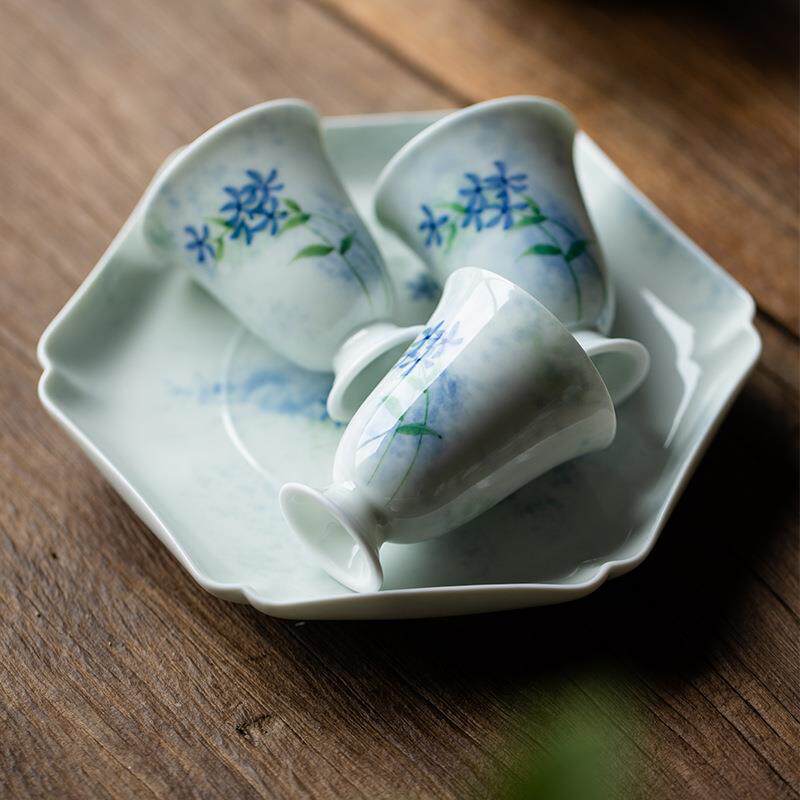 新款直销 手绘彩星花高脚茶杯陶瓷主人杯高足聚香杯功夫茶具品茗