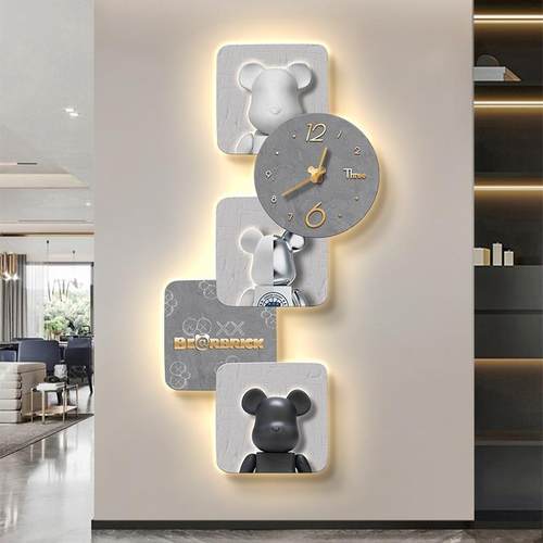 新款直销暴力熊玄关装饰画现代风轻奢客厅灯画高级感走廊挂钟小众