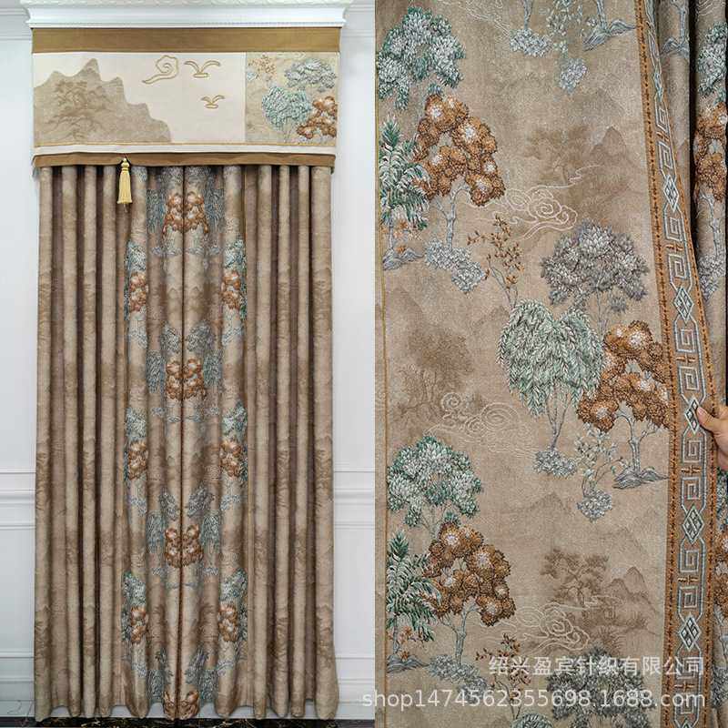 新款直销直销新款中式山水画窗帘客厅卧室阳台加厚遮光4D大浮雕窗