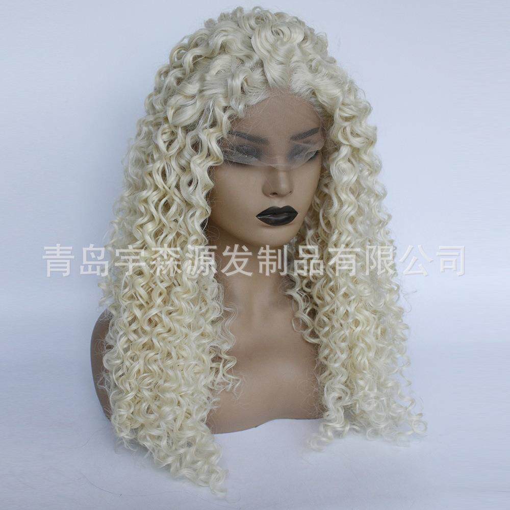 新款直销外贸假发女金色长卷发半手钩13*4前蕾丝化纤头套#613色