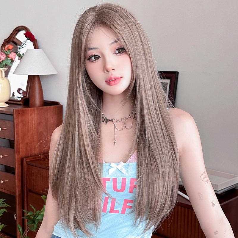 新款直销跨境假发女长直发粉紫色中分头套化纤仿真套头式假发高温