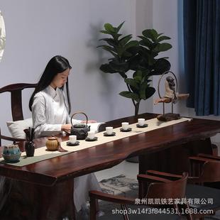直销办公室洽谈仿古办公大板泡茶台 新款 家用自然边实木茶桌椅组