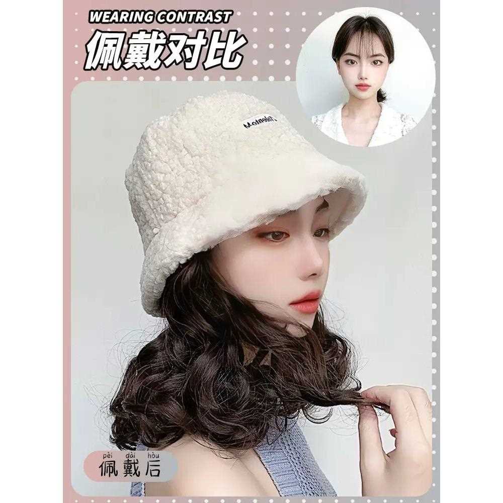 新款直销假发女短发帽子假发一体秋冬季羊羔毛渔夫帽时尚短卷梨花