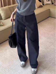 胖mm高腰百搭顯瘦工裝 藏青色直筒休閑褲 女2025春秋新款 大碼 闊腿褲