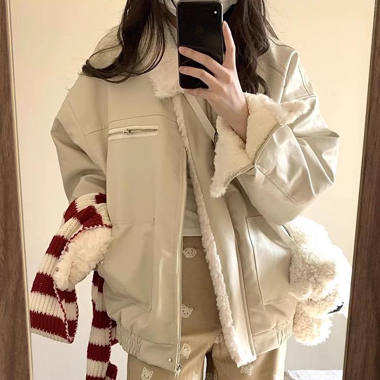 翻领羊羔毛外套女冬季2024新款宽松美式复古加绒加厚保暖棉衣外套