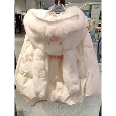 可拆卸可爱小兔连帽棉服外套女2025冬季新款保暖加厚宽松棉衣棉袄