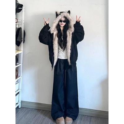 黑色麂皮毛领夹棉座山雕猫耳朵外套男女秋冬季加厚情侣装棉衣棉服