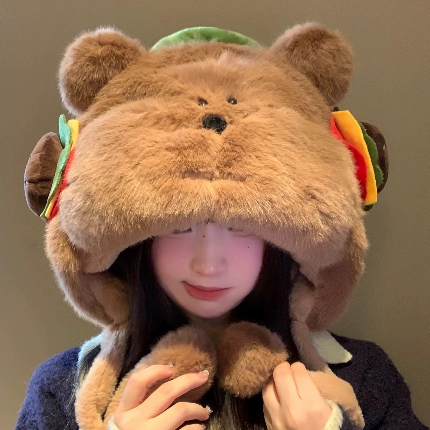 汉堡卡皮巴拉帽子毛绒玩具水豚玩偶布娃娃床上抱着睡觉公仔送朋友