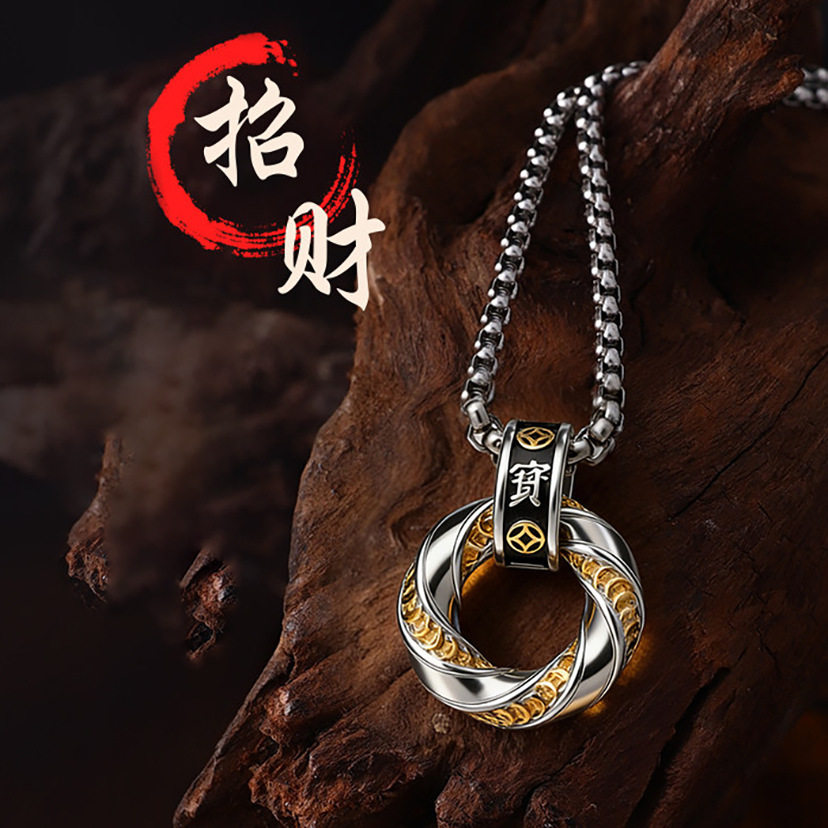 招财进宝吊坠项链男款泰银新中式风轻奢小众设计感钱币吊坠锁骨链