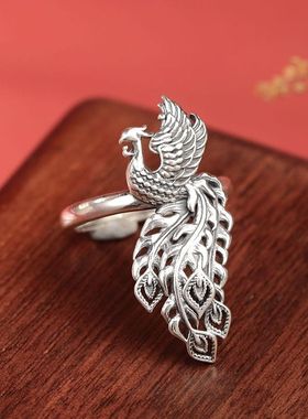 [凤凰]925纯银戒指女款复古民族风可调节指环女轻奢夸张古典