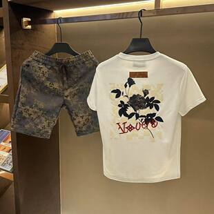 外穿潮牌夏季 提花休闲运动短裤 男士 宽松五分裤 男T恤 套装 短袖 时尚