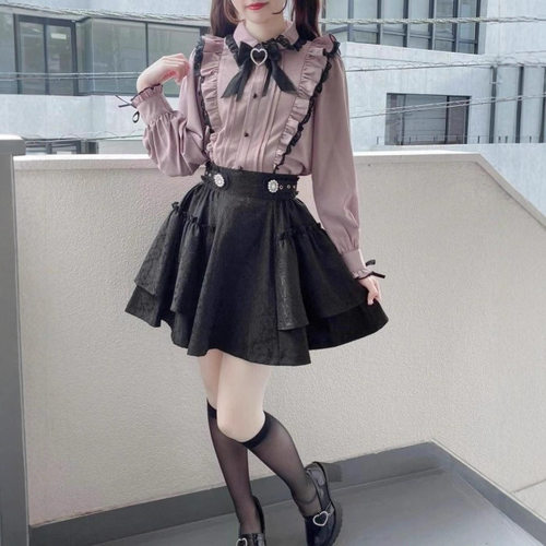 日系学院风JK制服连衣裙秋季新款女装蕾服粉色衬衫+半身裙两件套