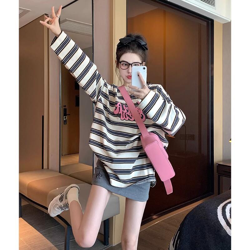 0693#条纹双纱230G卫衣2025秋季新款薄款圆领长袖t恤上衣韩版女装
