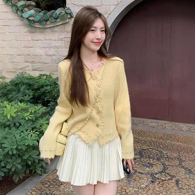 毛边坑条毛衣女秋冬季2025新款慵懒风内搭针织开衫修身上衣女百搭