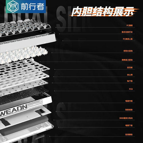 前行者V82透明无线机械键盘蓝牙三模冰透女生高颜值热插拔可充电