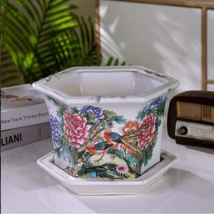 景德镇特大号落地大码兰花栽树盆高温瓷带托盘厚高盆家用花盆中式