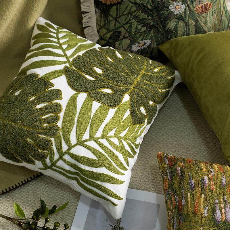 森系绿色植物抱枕轻奢高级感刺绣复古沙发客厅北欧中古风靠垫枕套