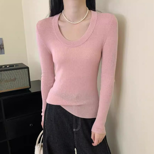 纯色百搭套头上衣 春秋新款 U领软糯修身 针织衫 女秋冬内搭打底衫