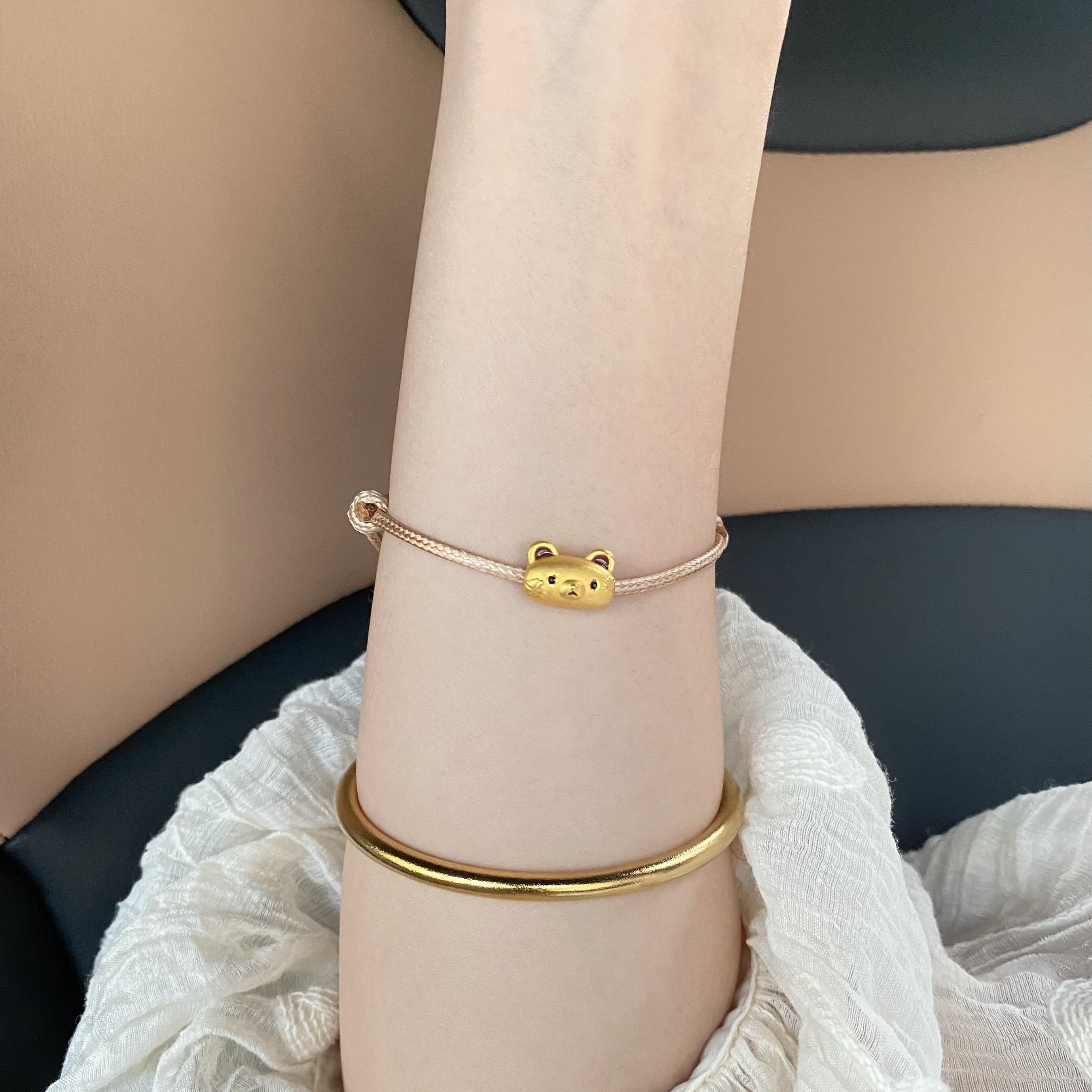 黄金足金999法棍小熊缝补转运珠手绳手链礼物送女友老婆七夕礼物