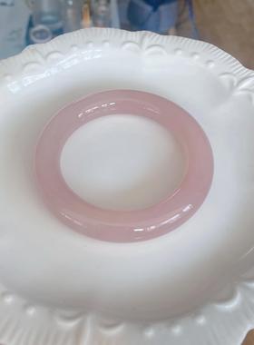 和田玉藕粉手镯女青海料藕粉色冰种玉镯女款少女宽版贵妃粉烟紫镯