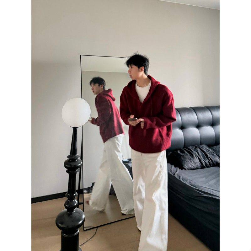 ALCF原创韩系氛围感新年红毛衣秋冬重磅大V领连帽套头针织打底衫