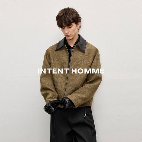 INTENT 多尼戈尔羊毛花呢夹克/羊皮翻领结构剪裁静奢质感短宽外套