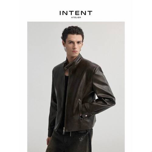 INTENT 暮棕立领机车皮衣夹克复古短款仿皮秋冬高级感外套