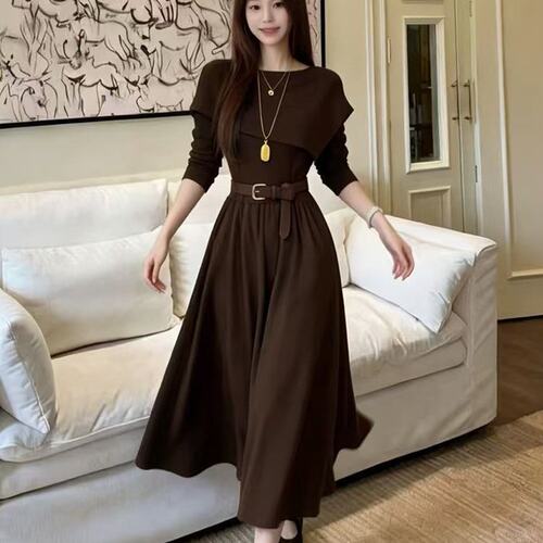胖mm法式慵懒风长袖连衣裙女2026秋季新款轻熟高知感穿搭显瘦长裙