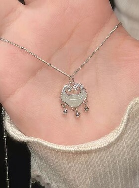 新款国潮S999纯银和田玉项链女颈链百搭锁骨链如意平安锁吊坠