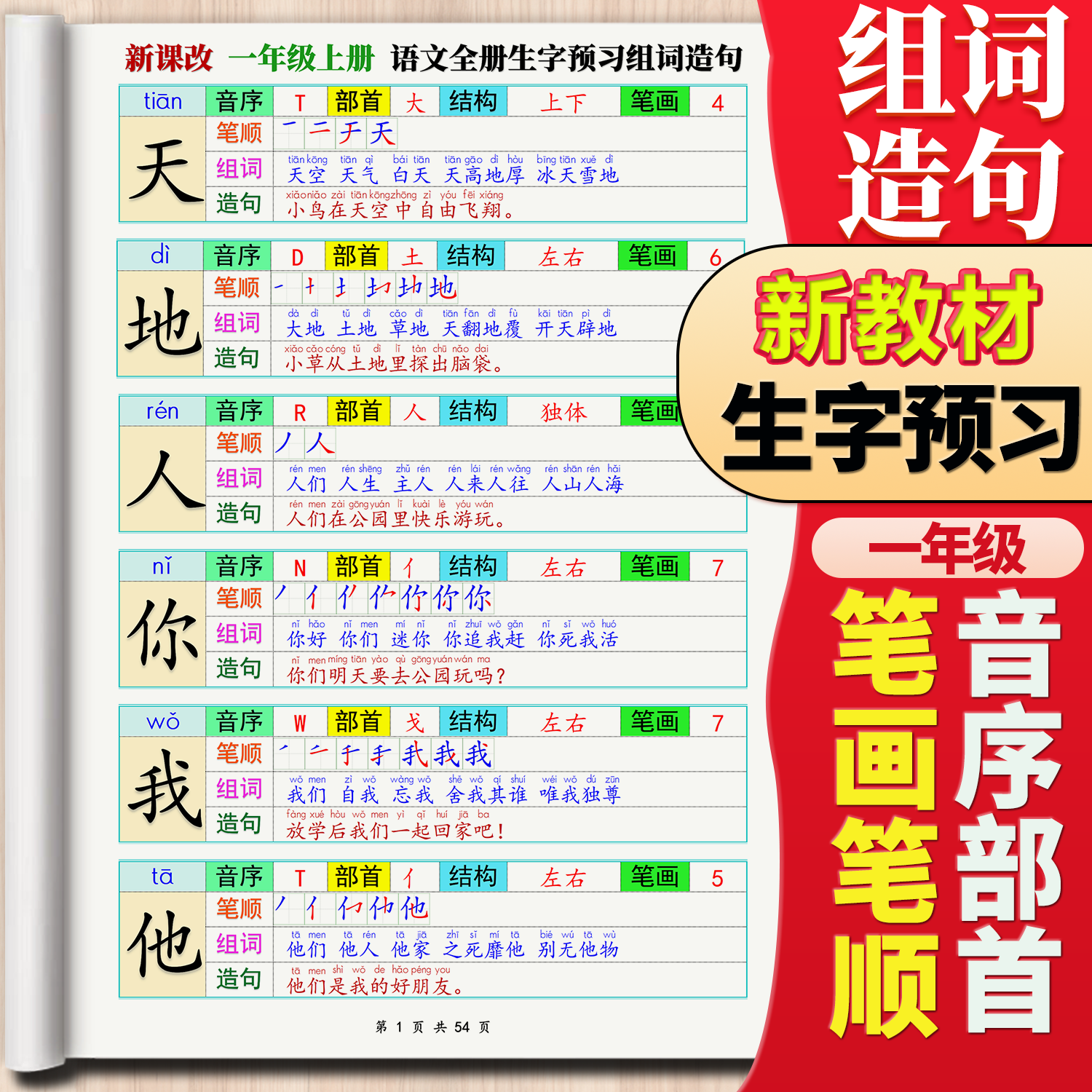 一年级写字表识字表每日生字预习拼音音序部首笔顺组词造句晨读本