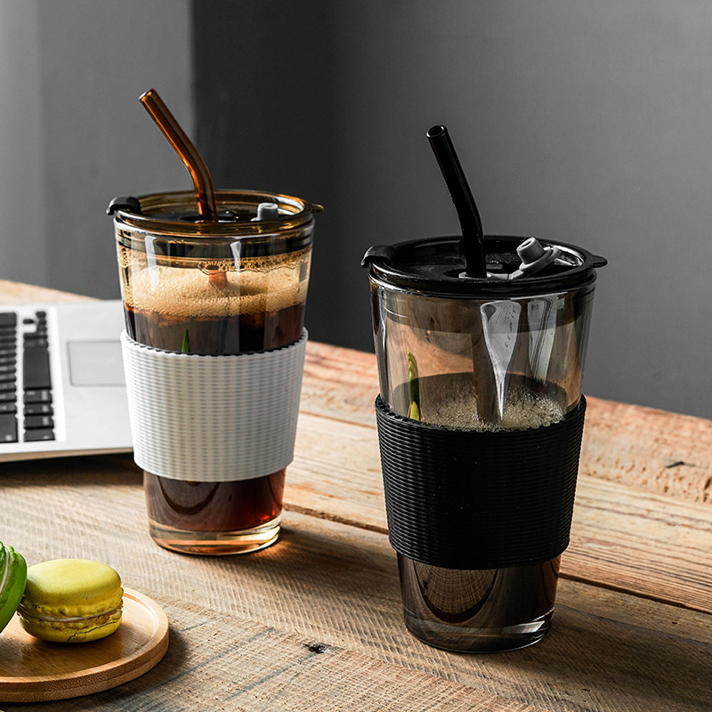 极光透明咖啡杯玻璃杯带盖杯便携吸管杯高颜值牛奶杯水杯随行杯