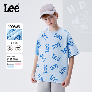 lee印花T恤天空藍(lán)男童短袖 寬松上衣小孩衣服中大童 夏季 2025年新款