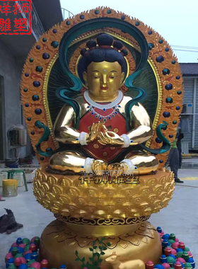 祥狮雕塑纯铜彩绘孺童文殊佛像