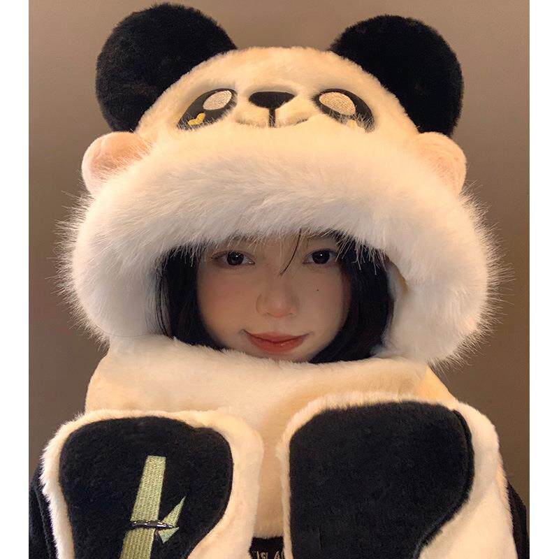 帽子女冬季熊猫毛绒冬季可爱加厚围脖女手套三件套防风新款帽子