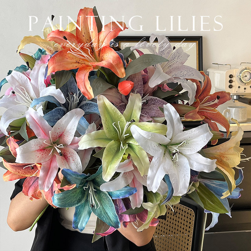 RoomTour欧式轻奢长枝秋色系仿真油画百合花束假花仿真花花艺摆设