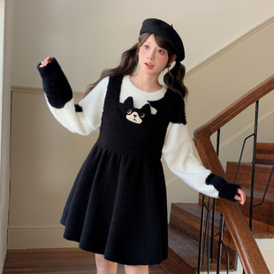 森女部落甜美风可爱猫咪刺绣背带裙小个子秋冬羊羔绒连衣裙女新款