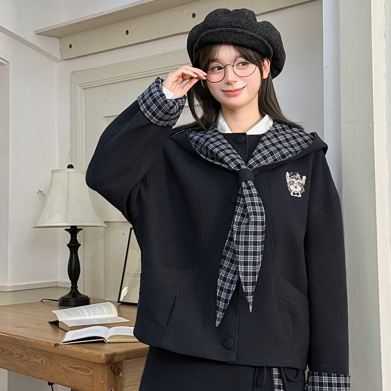 森女部落学院风格子拼接设计感休闲外套女2025新款宽松连帽上衣冬