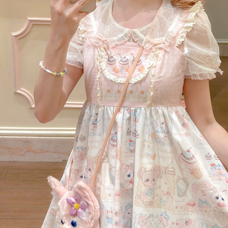 森女部落甜美风纯色网纱罩衫宽松娃娃领内搭蕾丝衫女2025夏季穿搭