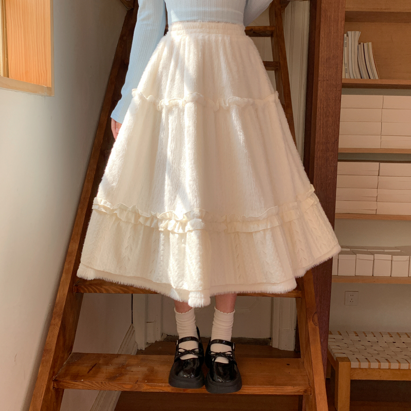 森女部落甜美风加绒高腰半身裙女2025新款秋冬百搭显瘦纯色A字裙