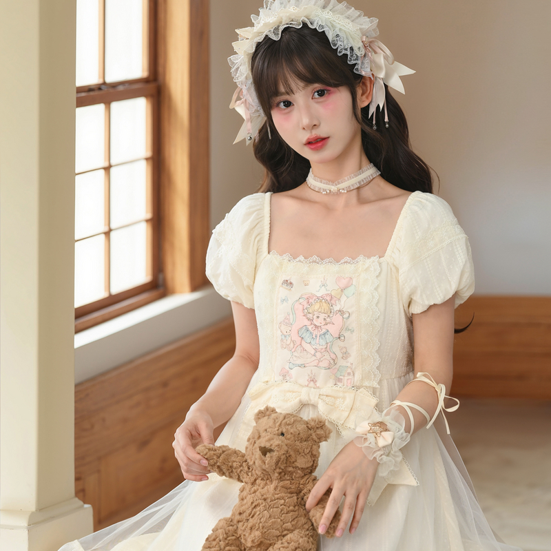 森女部落甜美风童话印花减龄原创宽松轻lo连衣裙女夏季新款