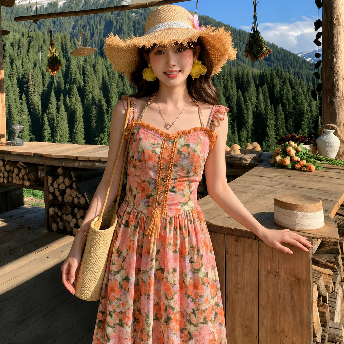 森女部落旗舰店旅游度假风印花长裙花边连衣裙花朵图案气质裙子