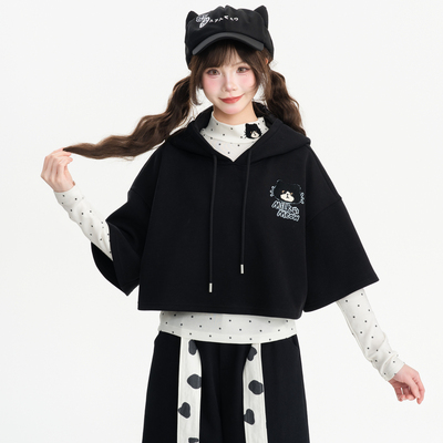 森女部落黑色短款连帽外套女新款短袖斗篷奶牛喵刺绣宽松上衣秋季