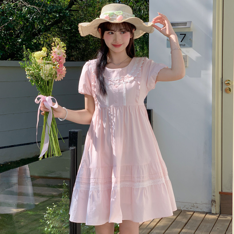森女部落学院风蕾丝泡泡袖连衣裙女2026新款宽松纯棉少女长裙夏季
