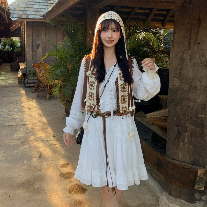 森女部落波西米亚风连衣裙时尚套装女新款宽松百搭叠穿钩花马甲春