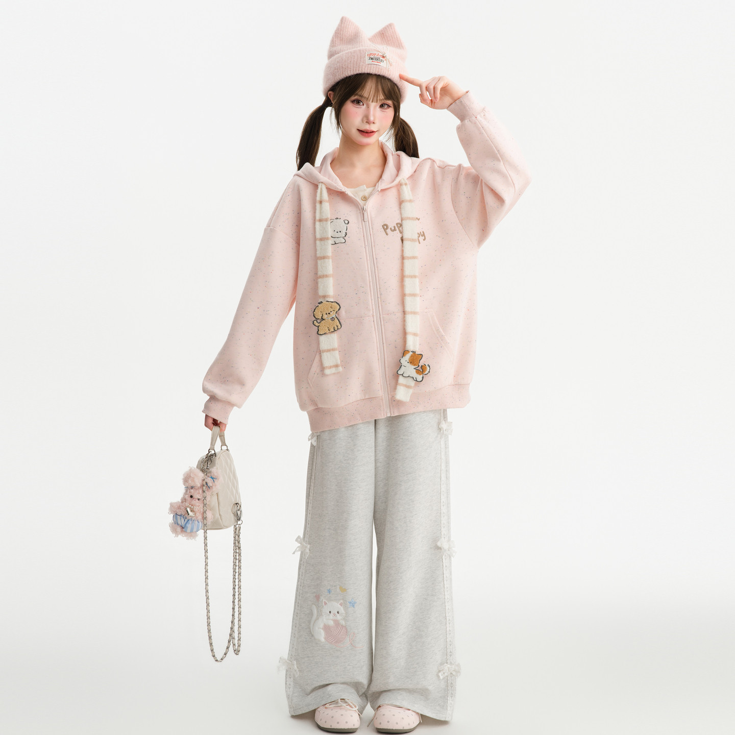 森女部落粉色连帽外套女2026新款可爱小狗刺绣设计感宽松上衣秋季