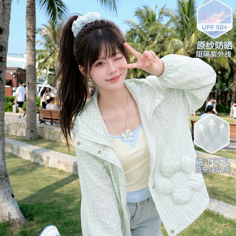 森女部落旗舰店格纹防晒衣女甜美原纱型外套夏季新款清新花朵夏
