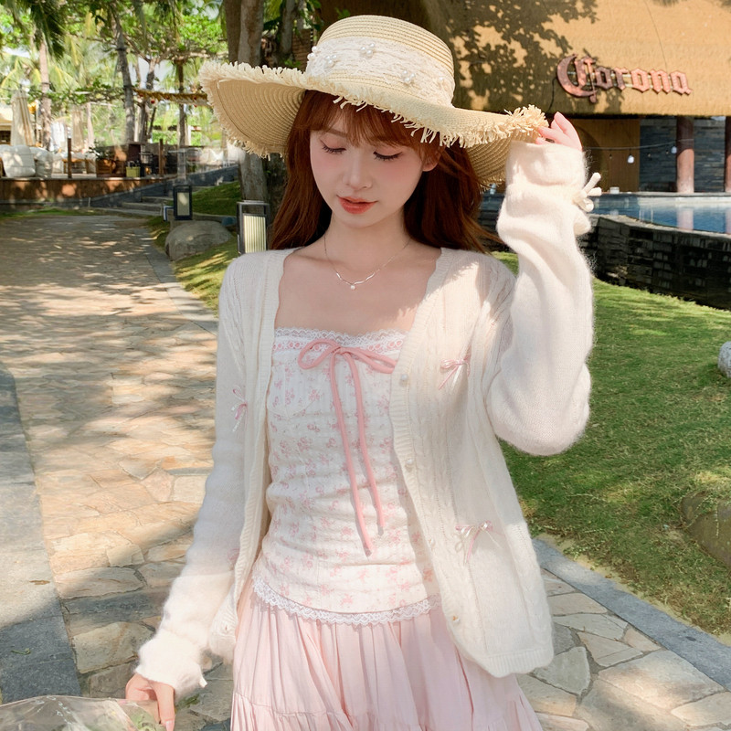 森女部落甜美风米白针织开衫女51.6%绵羊毛宽松百搭外套新款春季