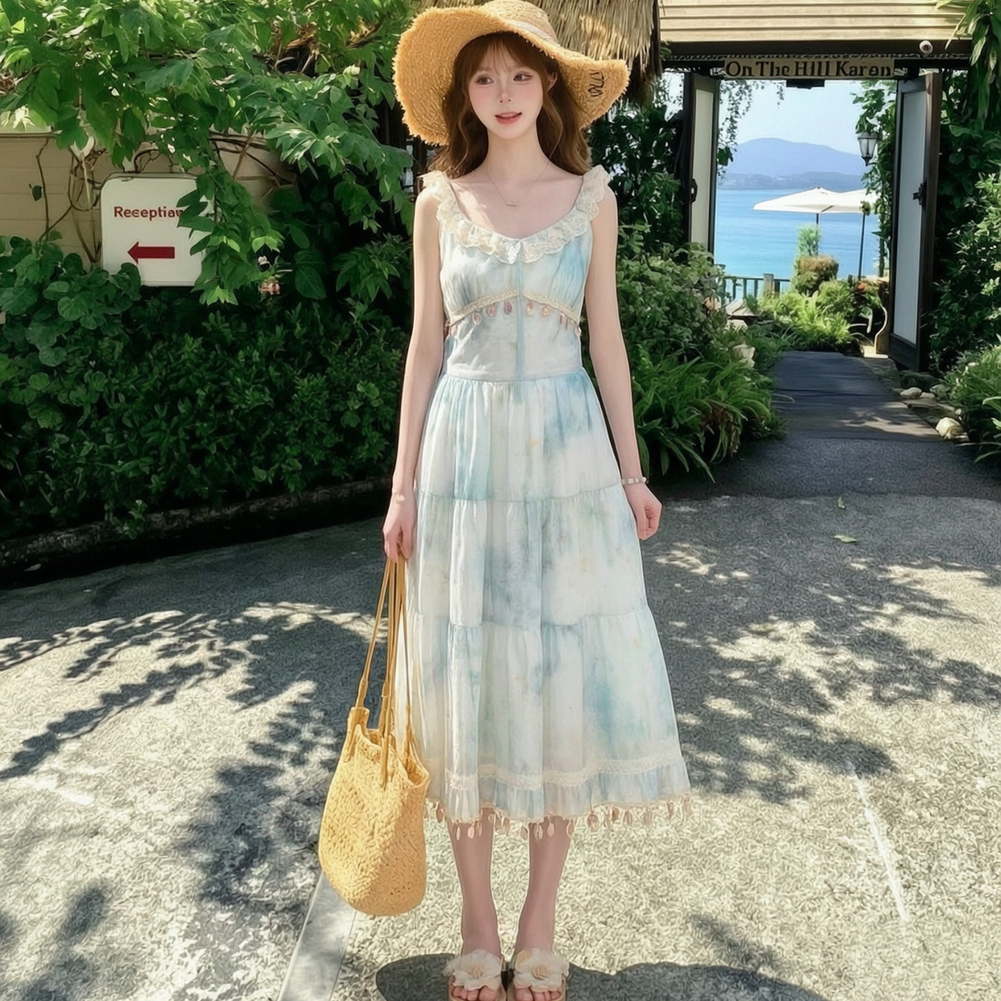 森女部落旗舰店度假蕾丝连衣裙女甜美夏扎染收腰吊带长裙2026夏季