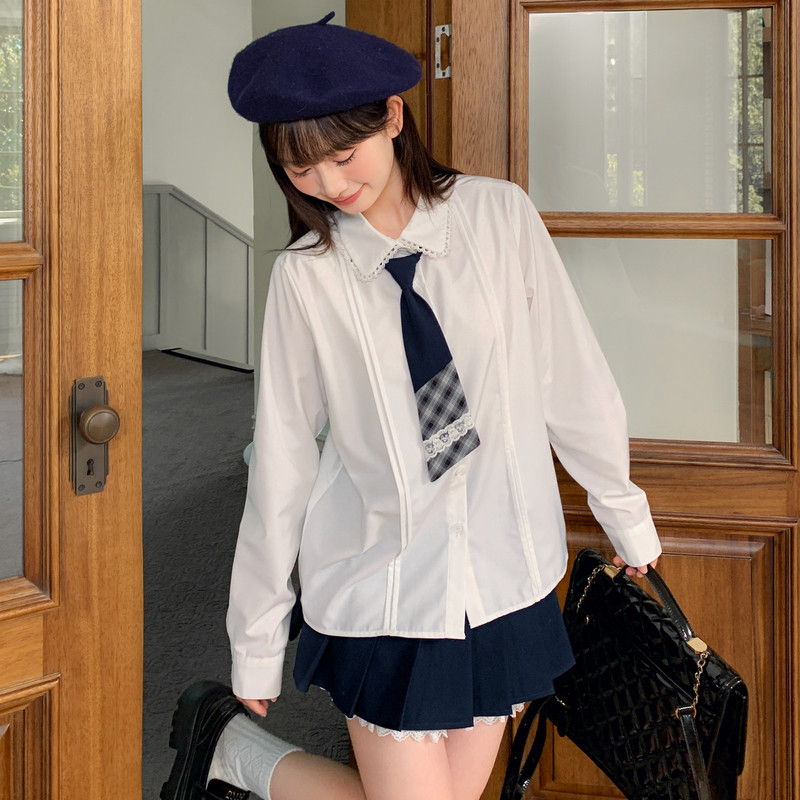 森女部落学院风白色衬衫女秋冬蕾丝领设计感新款宽松百搭长袖上衣