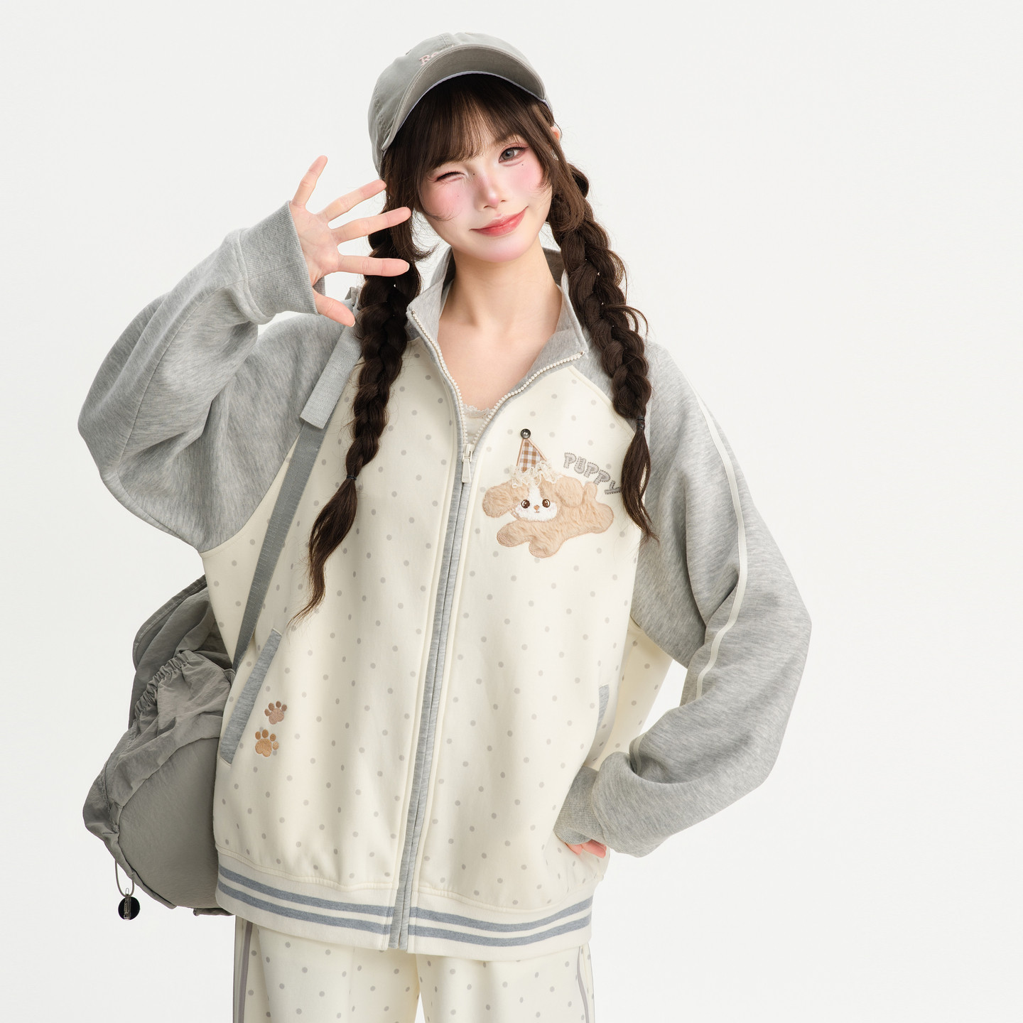 森女部落学院风立领外套女新款撞色可爱小狗刺绣波点休闲卫衣秋季